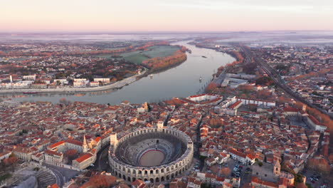 Rhone-river-large-aerial-view-over-Arles-southern-city-of-France-sunrise